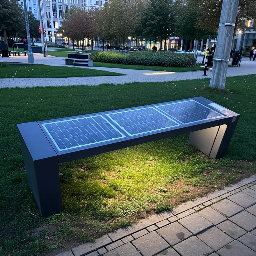 Solarbank von Flexmetalworks Eine moderne Bank mit solarbetriebenen Panels, auf einer gepflasterten Fläche.